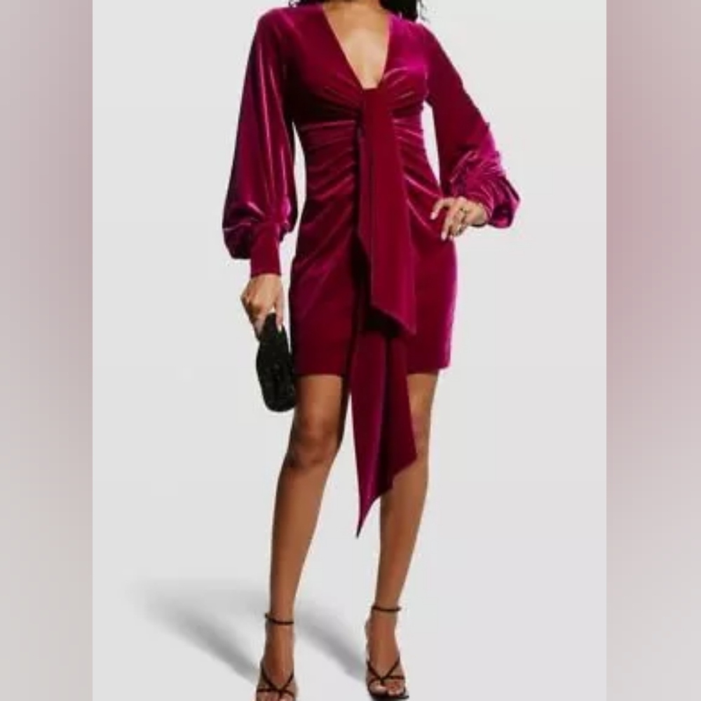 One 33 Social Pink Deep V Neck Tie Front Velvet Mini Dress 4